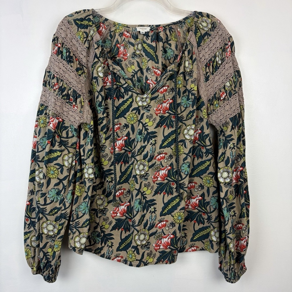 Anthropologie Eze Sur Mer Dark Floral Peasant Top Women Medium Lace Boho Cottage